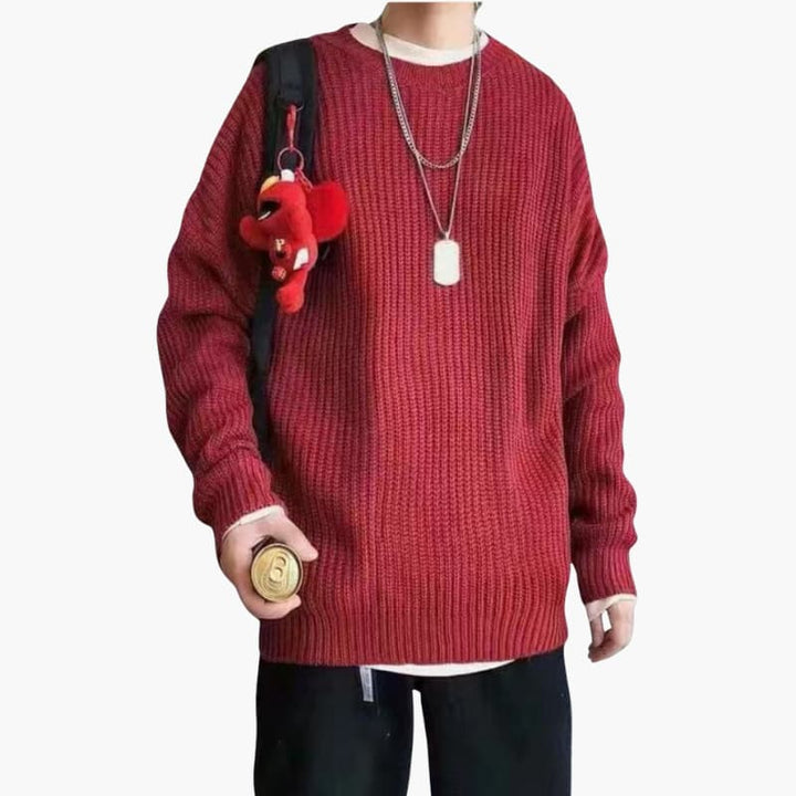 Men’s Knitted Sweater with Round Neck and Ribbed Surface