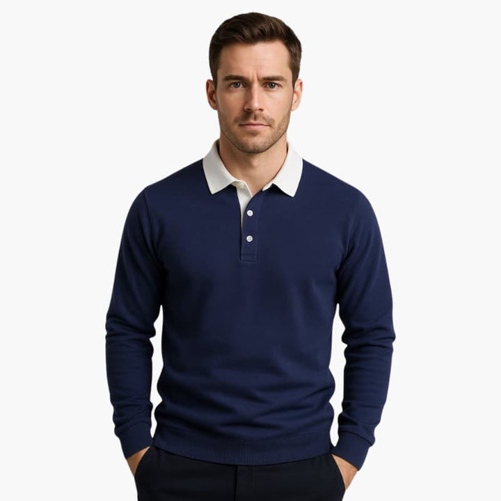 Men’s Long-Sleeve Polo Sweater with Button Placket and Ribbed Hem