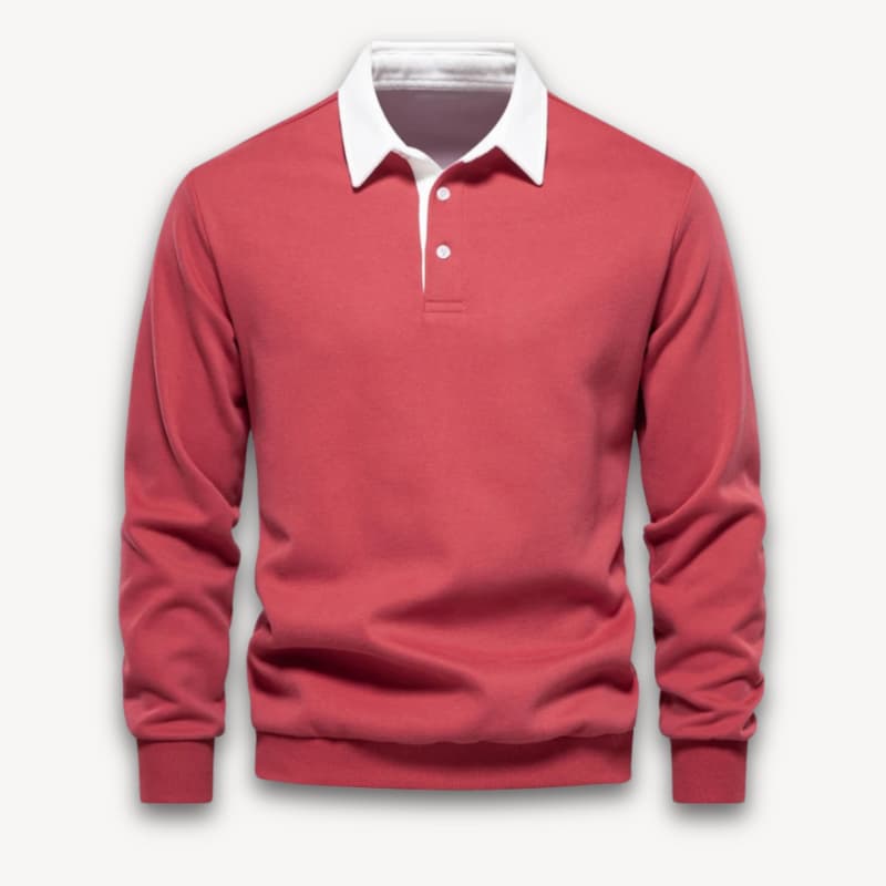 Men’s Long-Sleeve Polo Sweater with Button Placket and Ribbed Hem
