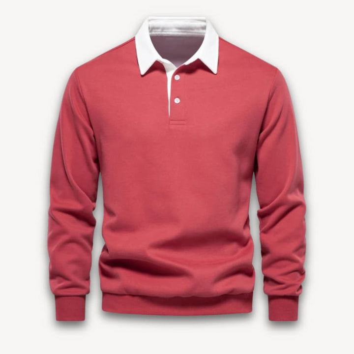 Men’s Long-Sleeve Polo Sweater with Button Placket and Ribbed Hem