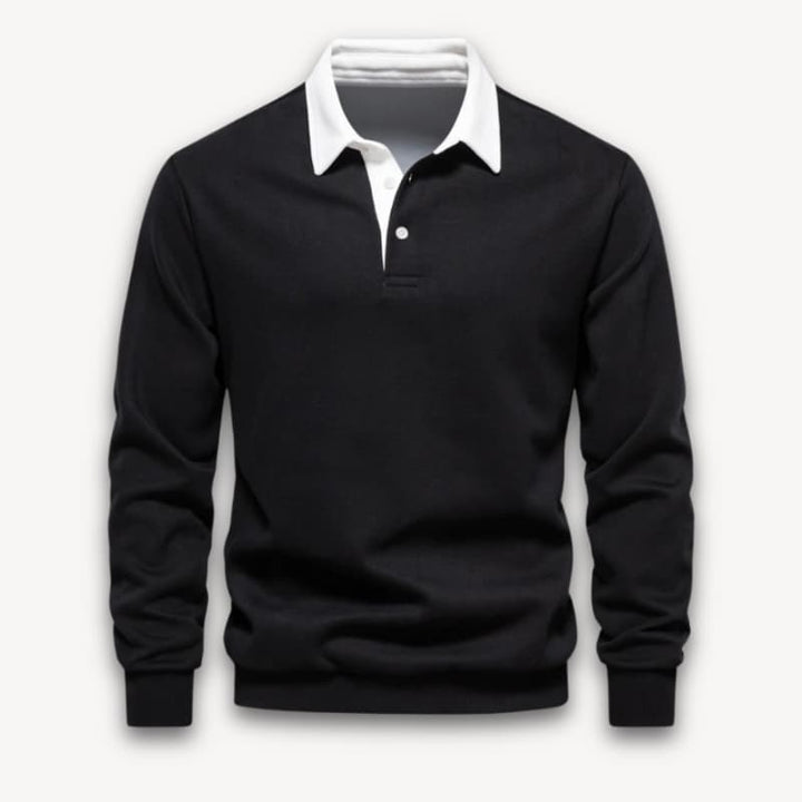 Men’s Long-Sleeve Polo Sweater with Button Placket and Ribbed Hem