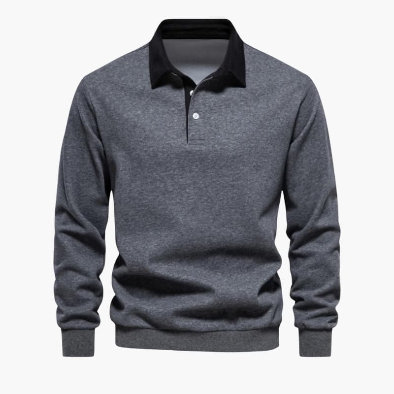Men’s Long-Sleeve Polo Sweater with Button Placket and Ribbed Hem