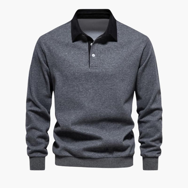 Men’s Long-Sleeve Polo Sweater with Button Placket and Ribbed Hem