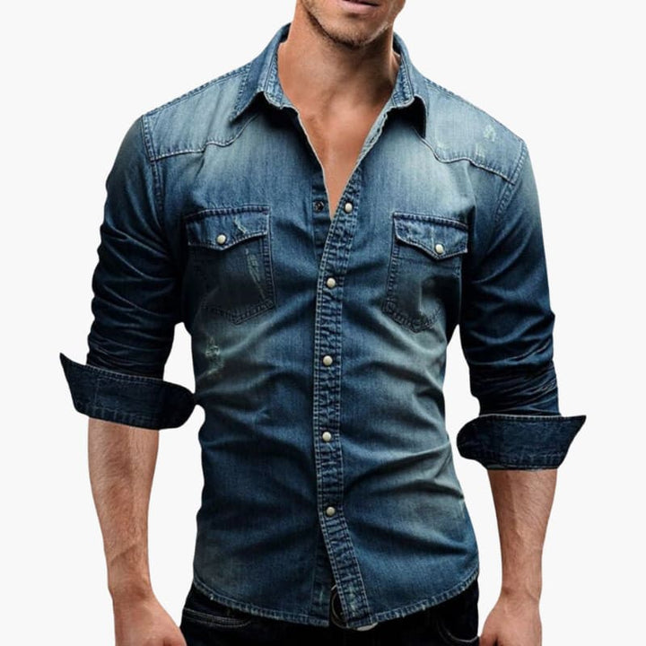 Men’s Denim Western Shirt with Snap Buttons and Chest Pockets