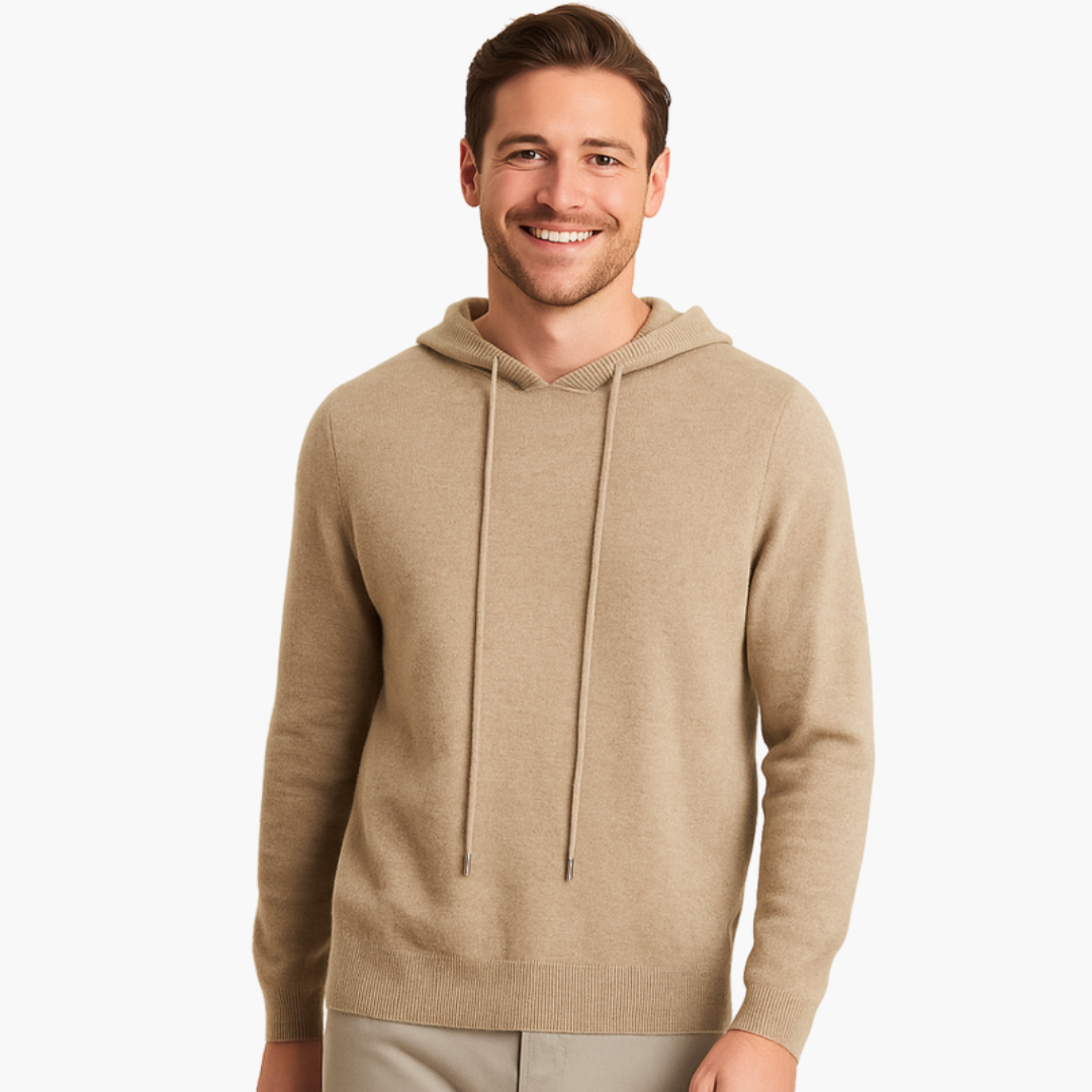 Men’s Knitted Hoodie with Ribbed Cuffs and Drawstring Hood