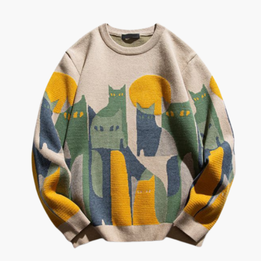 Men’s Knitted Sweater with Cat Design and Crew Neck