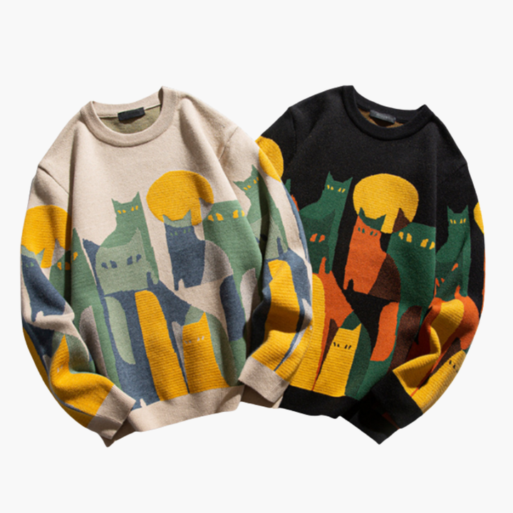 Men’s Knitted Sweater with Cat Design and Crew Neck