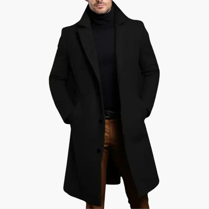 Men’s Long Overcoat with Lapel Collar and Button Closure