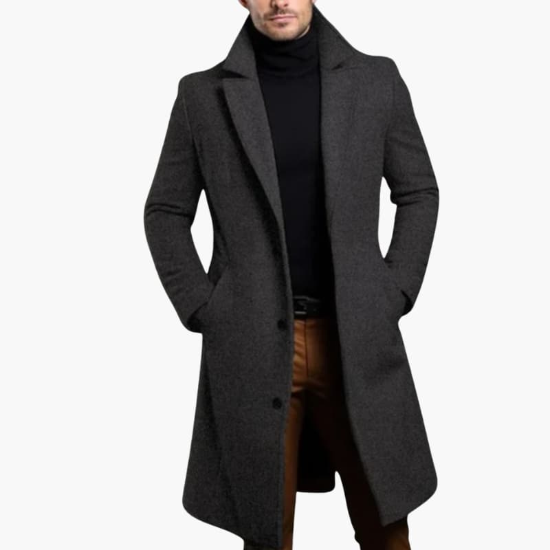Men’s Long Overcoat with Lapel Collar and Button Closure
