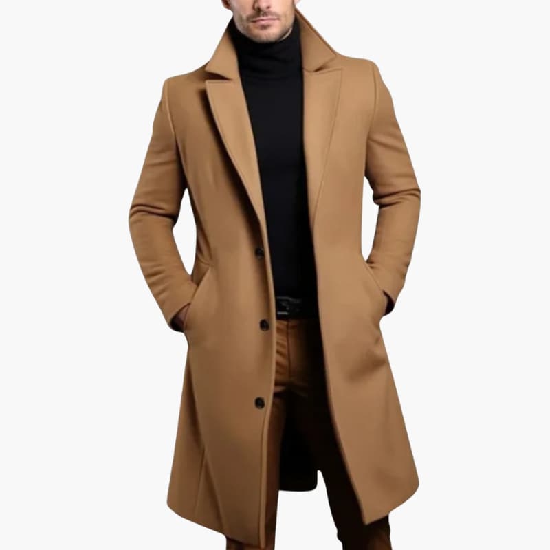 Men’s Long Overcoat with Lapel Collar and Button Closure