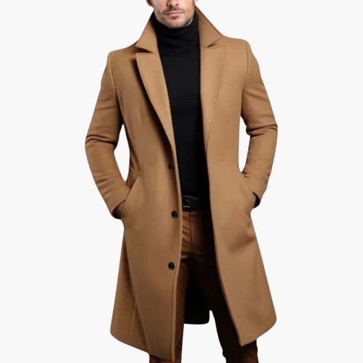 Men’s Long Overcoat with Lapel Collar and Button Closure