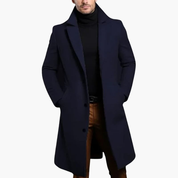 Men’s Long Overcoat with Lapel Collar and Button Closure