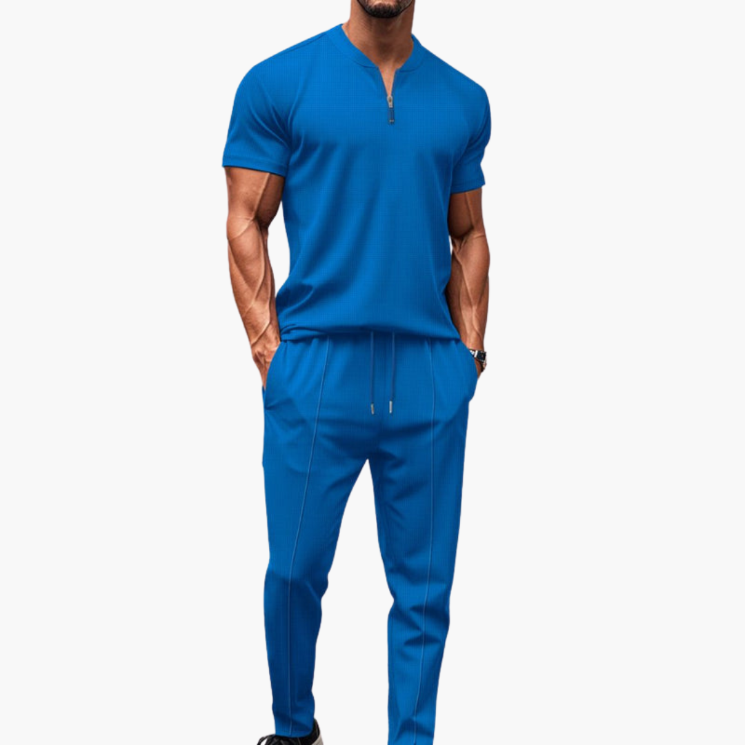 Men’s Two-Piece Knit Lounge Set  Short Sleeve Zip Top & Drawstring Pants