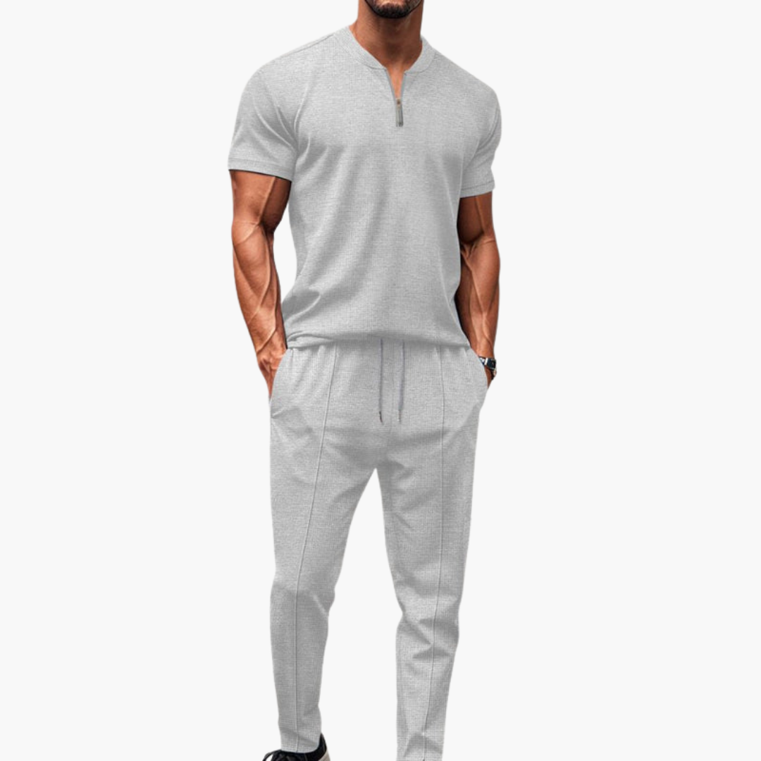 Men’s Two-Piece Knit Lounge Set  Short Sleeve Zip Top & Drawstring Pants