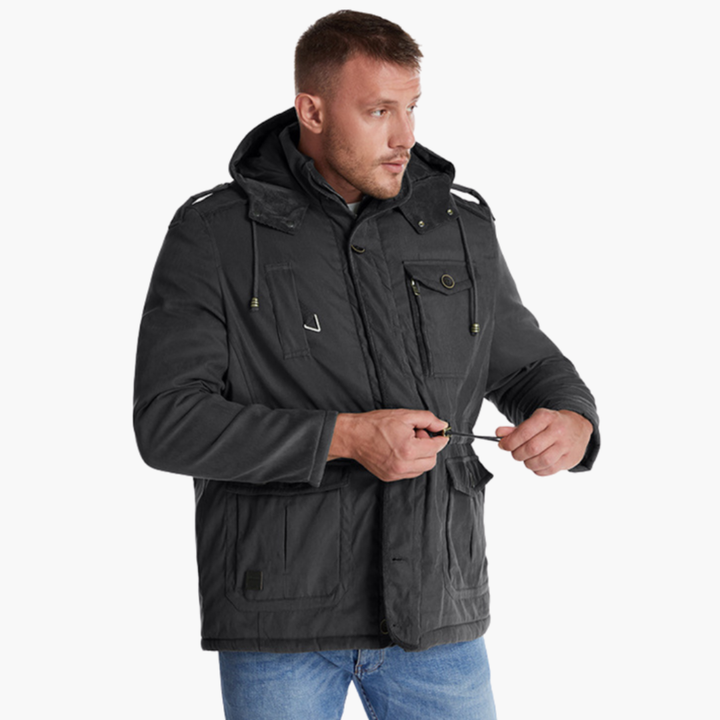 Men’s Winter Parka with Hood and Multiple Pockets
