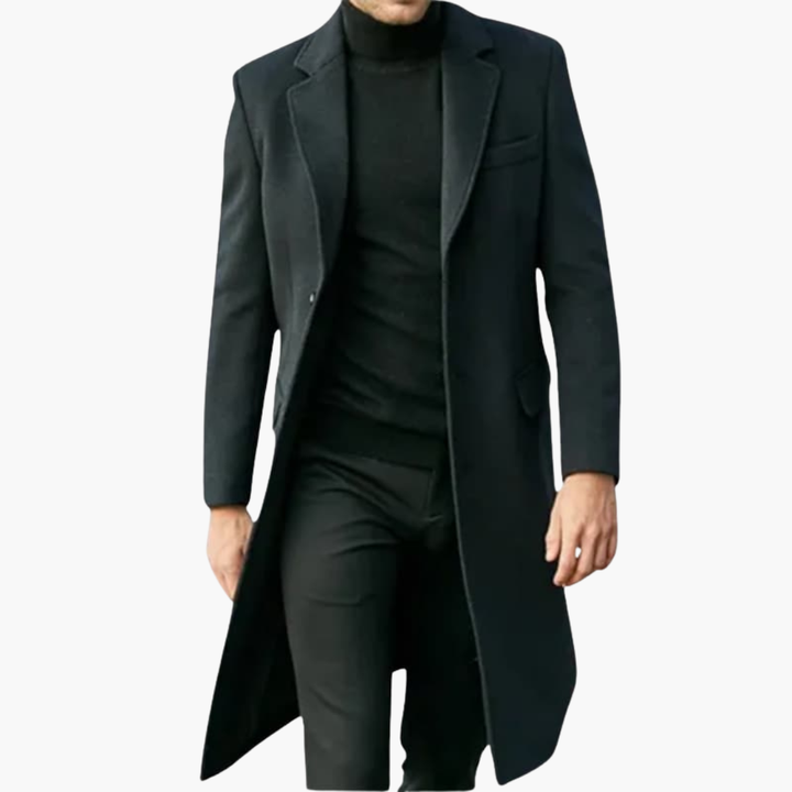 Men’s Long Wool Overcoat with Lapel Collar and Button Closure
