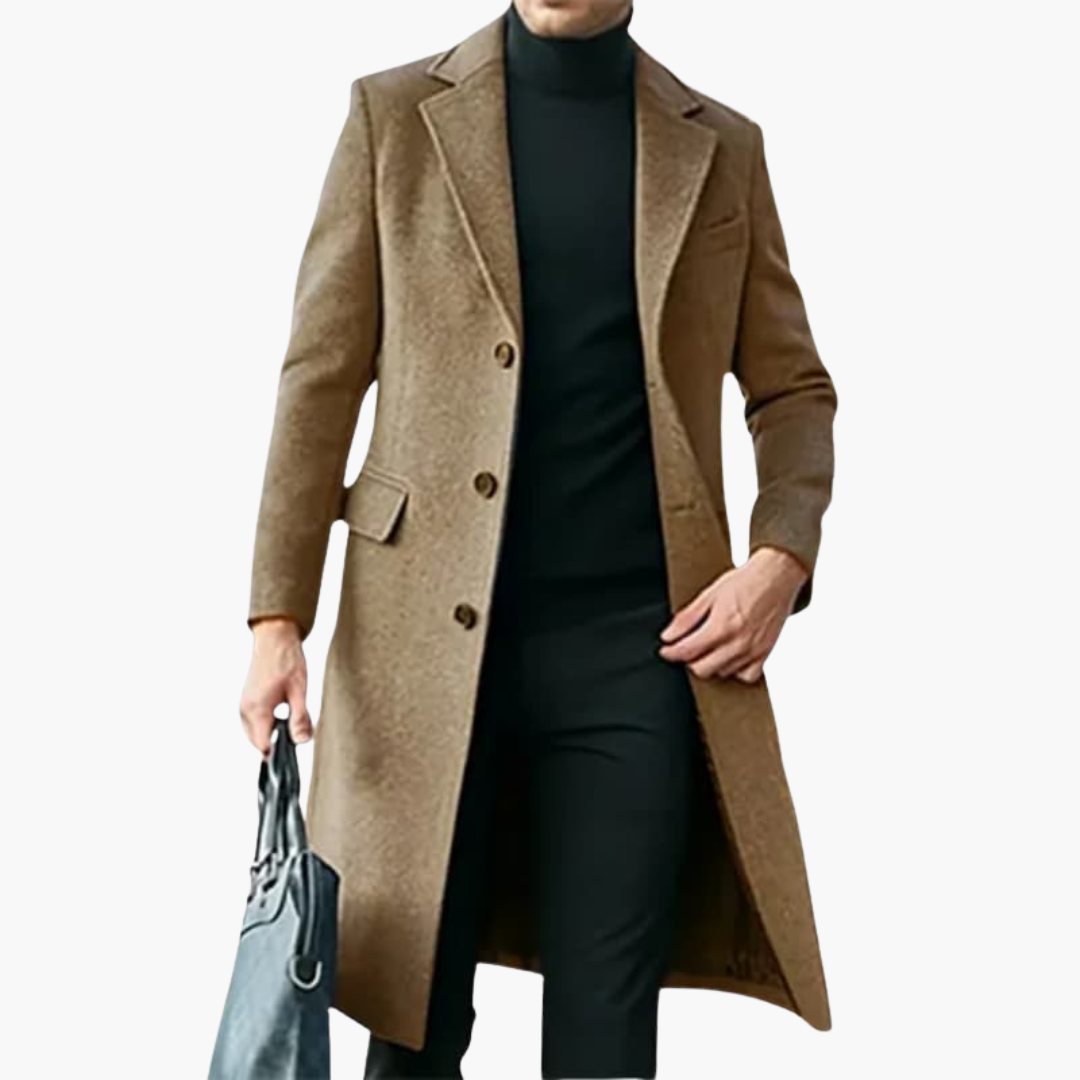 Men’s Long Wool Overcoat with Lapel Collar and Button Closure