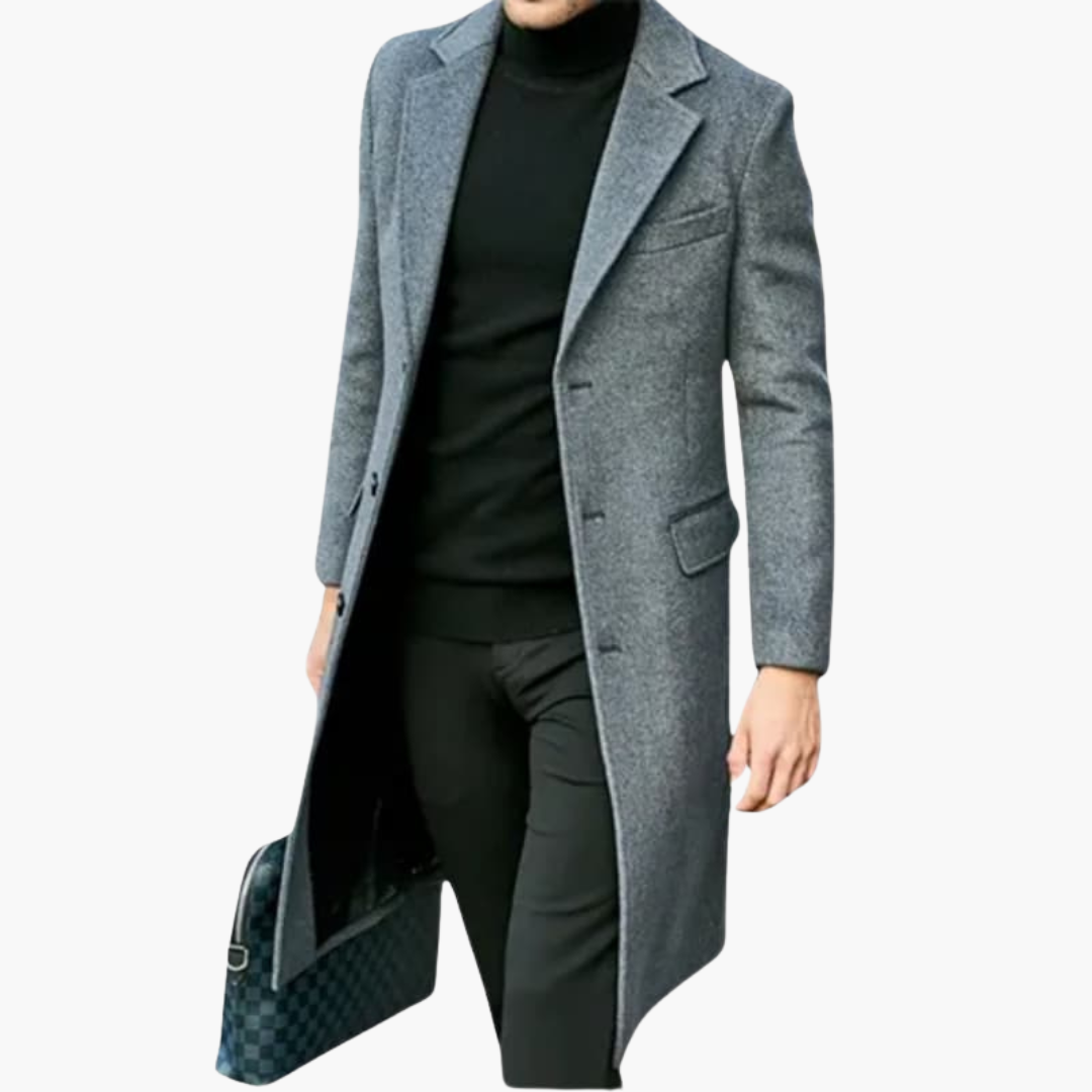 Men’s Long Wool Overcoat with Lapel Collar and Button Closure