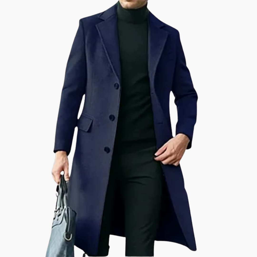 Men’s Long Wool Overcoat with Lapel Collar and Button Closure