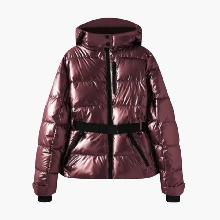 Women’s Belted Down Puffer Jacket with Hood and Front Zip Closure