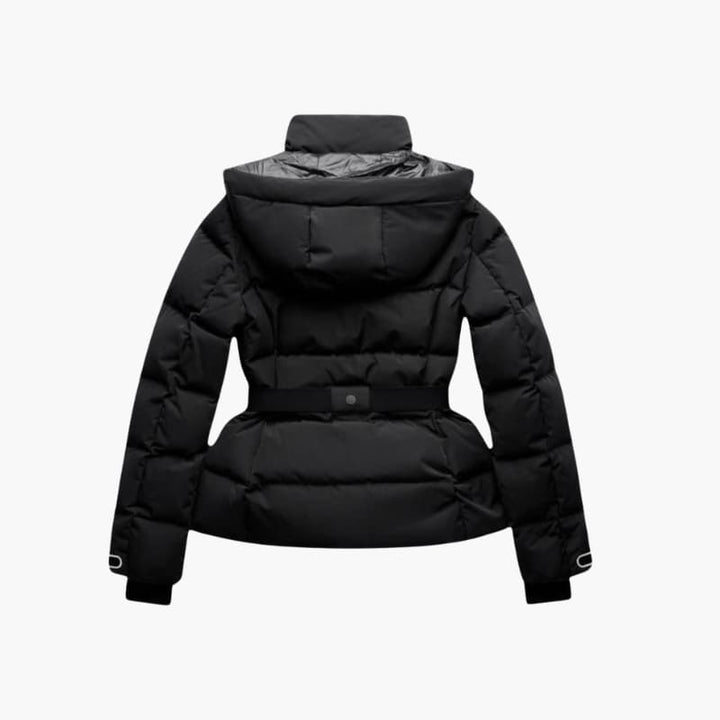 Women’s Belted Down Puffer Jacket with Hood and Front Zip Closure