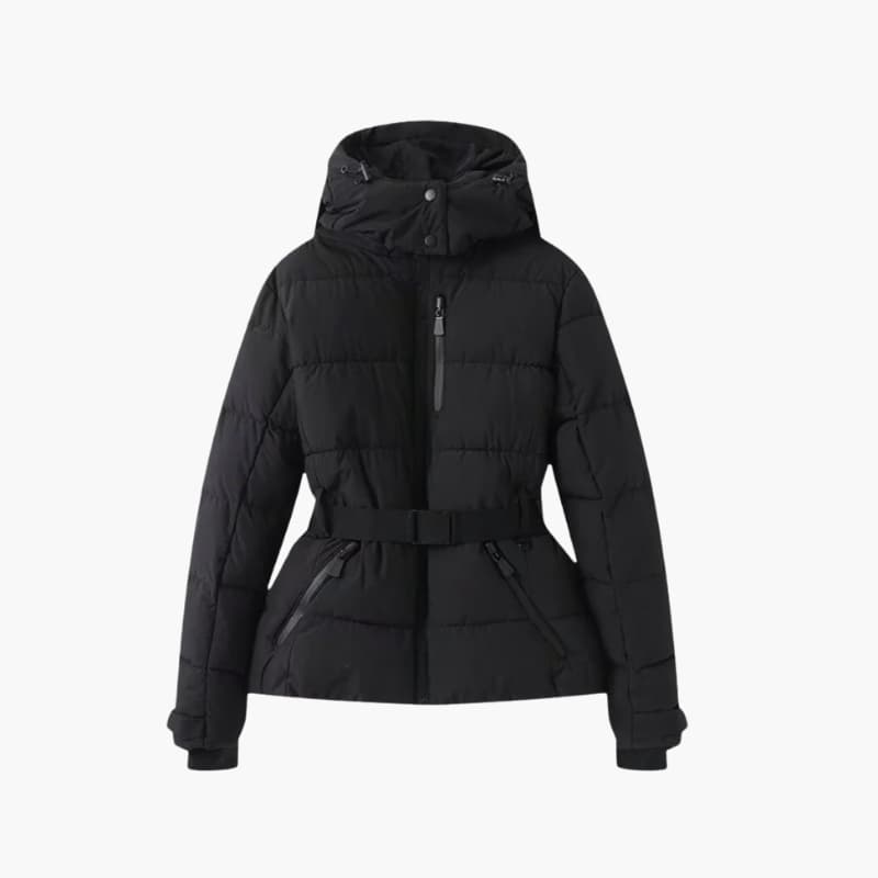 Women’s Belted Down Puffer Jacket with Hood and Front Zip Closure