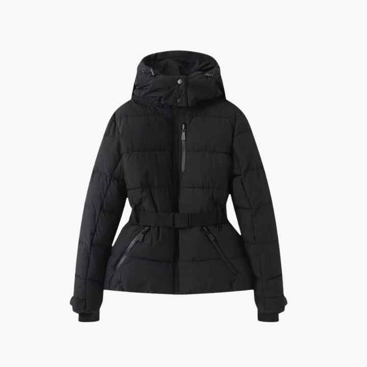 Women’s Belted Down Puffer Jacket with Hood and Front Zip Closure