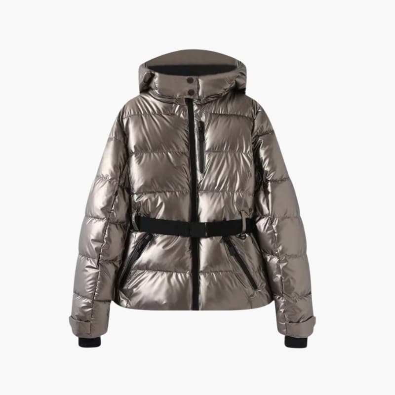Women’s Belted Down Puffer Jacket with Hood and Front Zip Closure