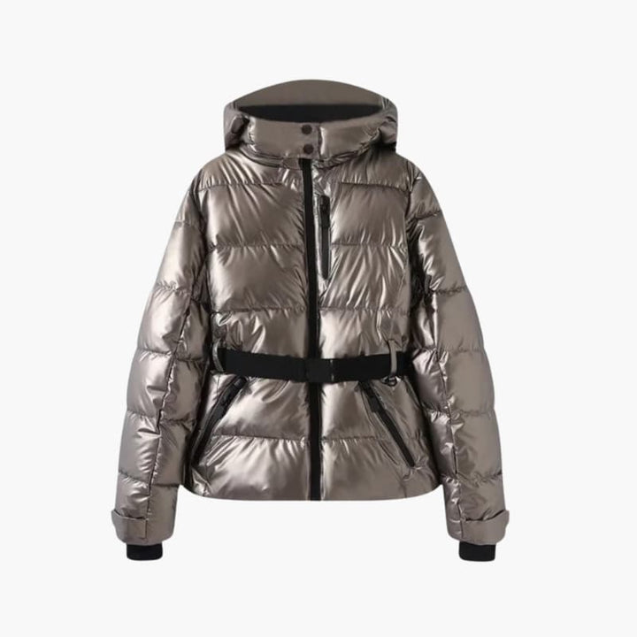 Women’s Belted Down Puffer Jacket with Hood and Front Zip Closure