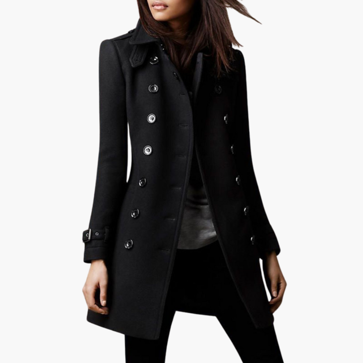 Women’s Long Coat with Double Row Buttons and Adjustable Cuffs