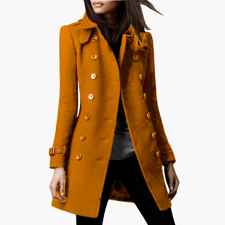 Women’s Long Coat with Double Row Buttons and Adjustable Cuffs