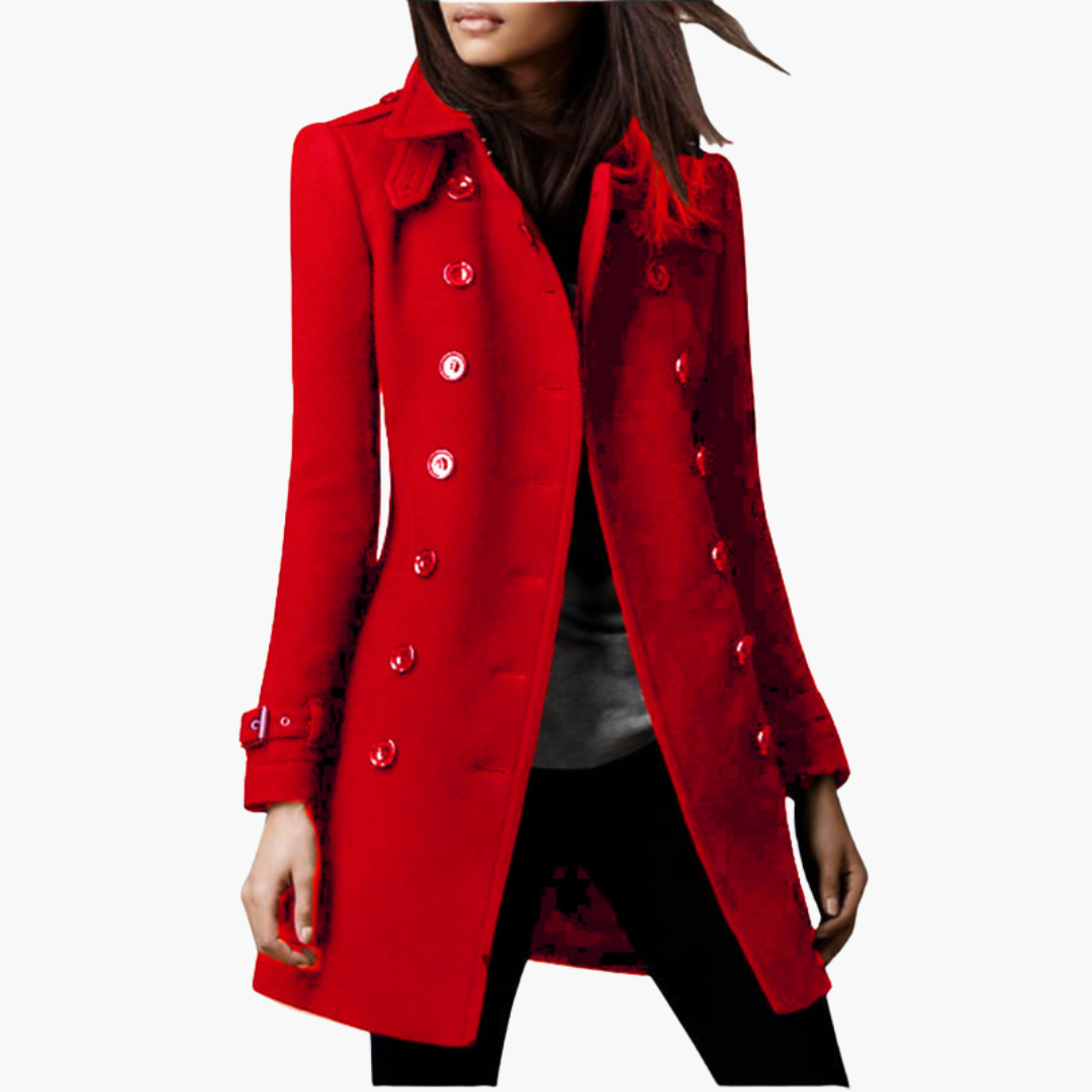 Women’s Long Coat with Double Row Buttons and Adjustable Cuffs