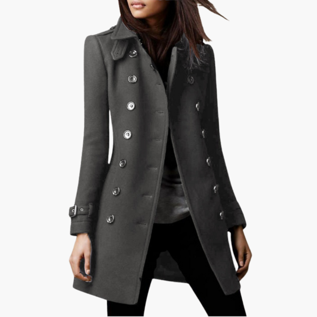 Women’s Long Coat with Double Row Buttons and Adjustable Cuffs
