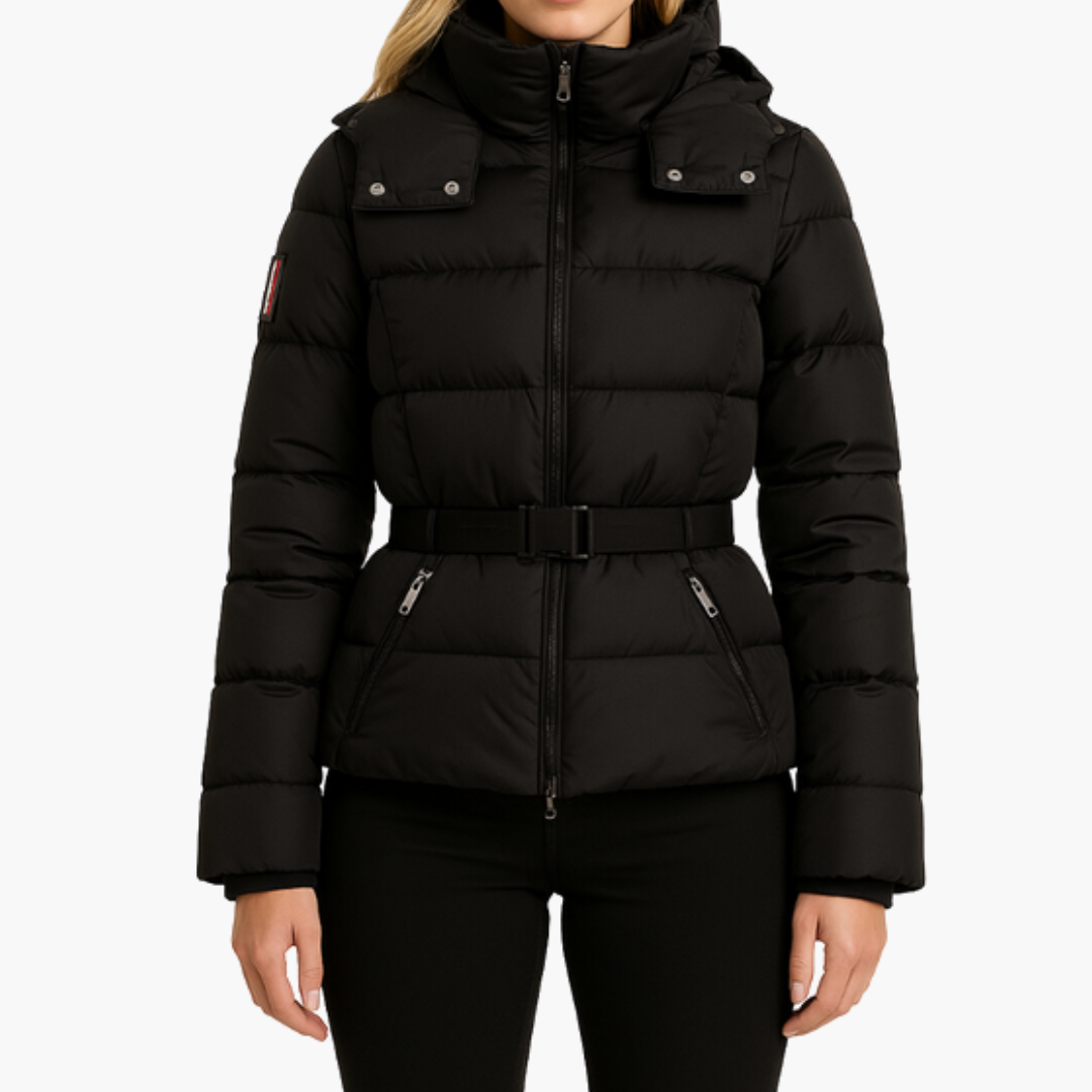 Women’s Puffer Jacket with Belt and High Collar