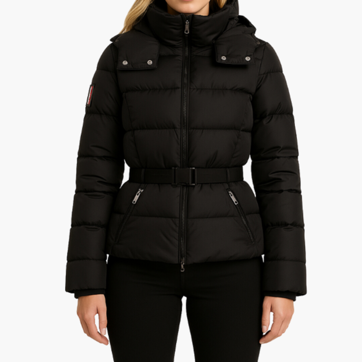 Women’s Puffer Jacket with Belt and High Collar